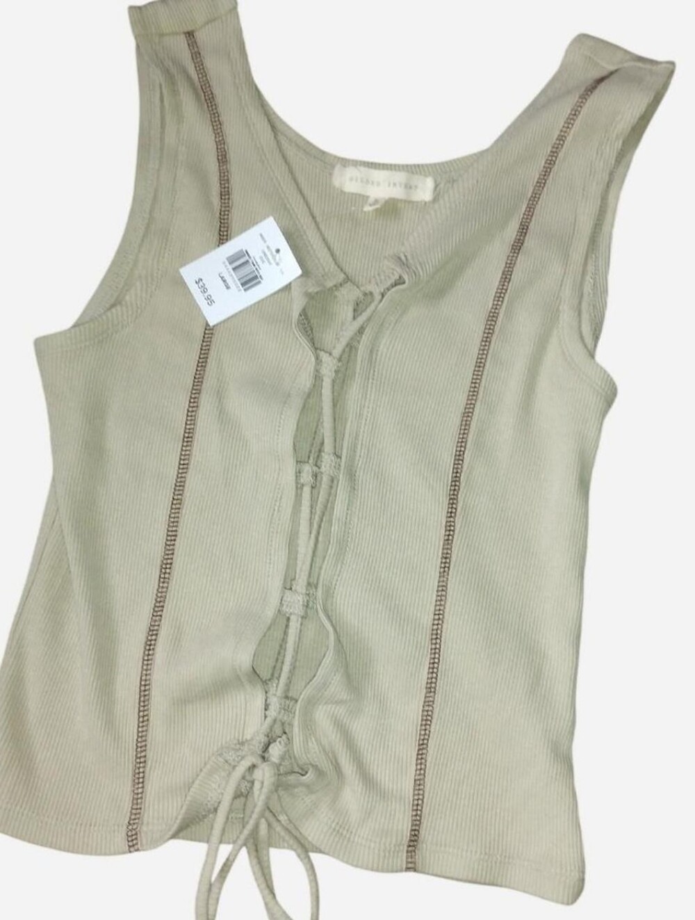 Gilded Intent Ribbed Tank Top with Front Lace-Up & Exposed Seams –NWT Large